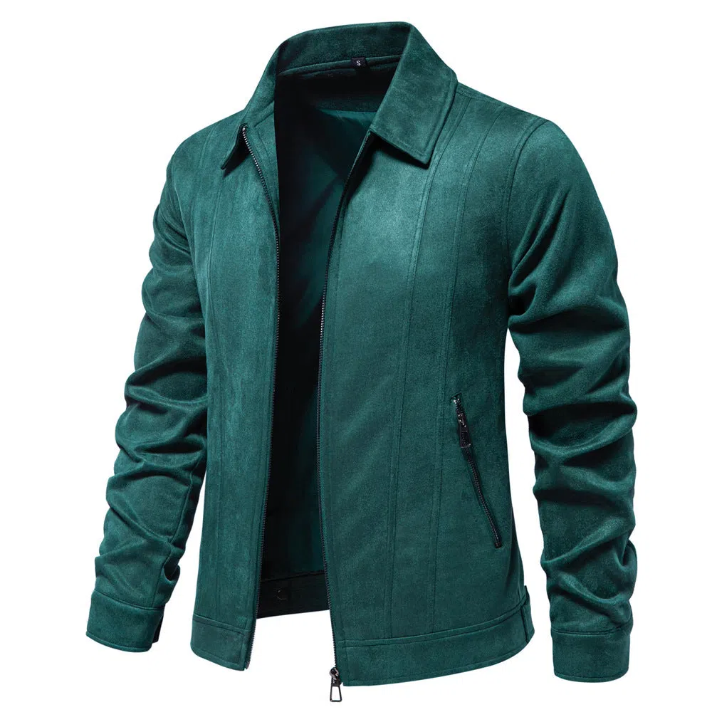 Men's solid suede lapel zipper jacket autumn winter outdoor coat front view