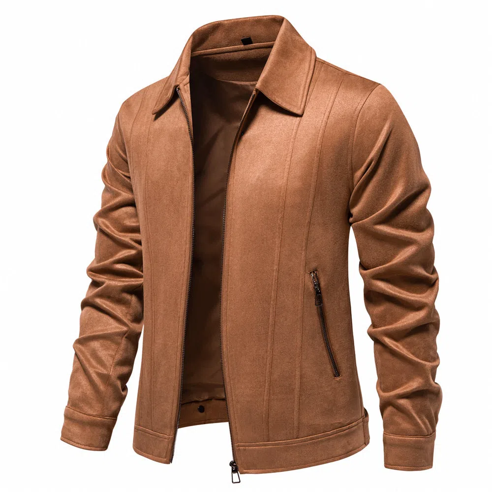 Men's solid suede lapel zipper jacket autumn winter outdoor coat front view
