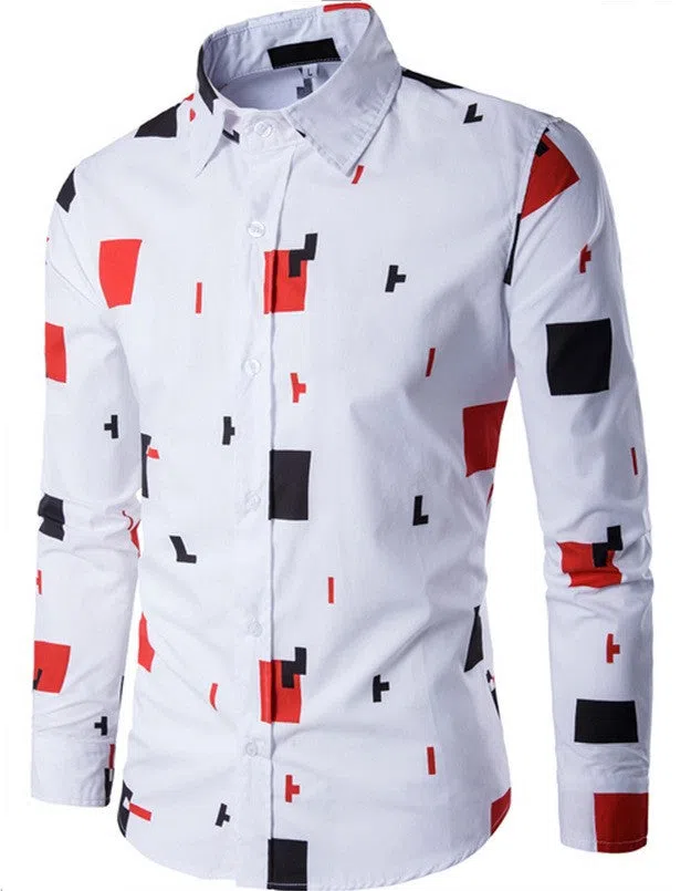 Men's casual long sleeve white cotton shirt front view, sizes M to 5XL