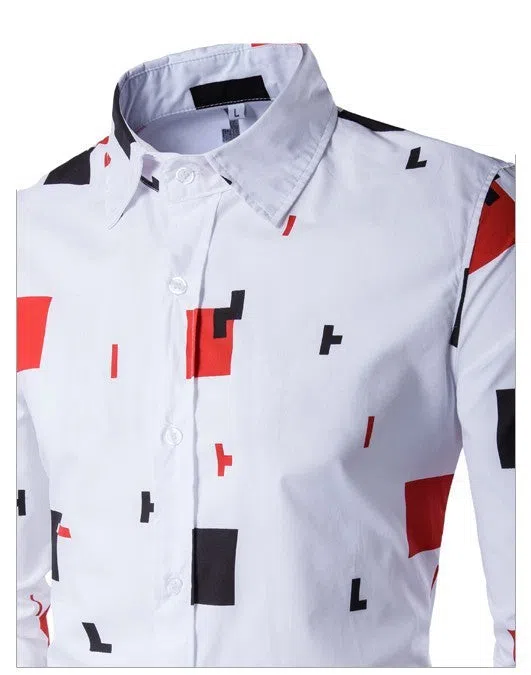 Men's casual long sleeve white cotton shirt front view, sizes M to 5XL
