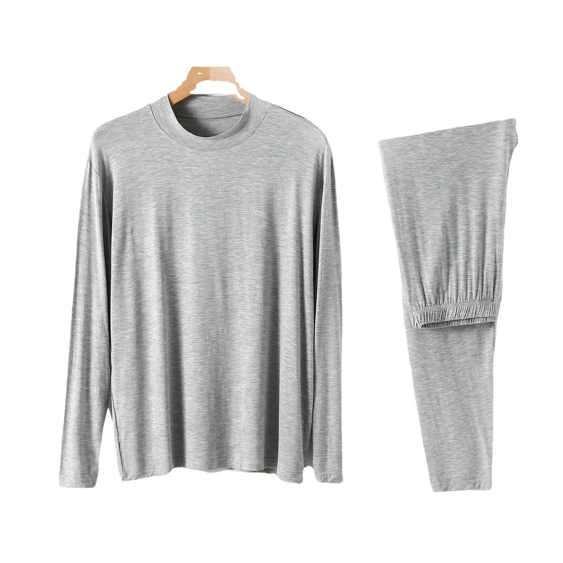 Men's modal pyjama set with semi-high neck and long pants in black, front view on model