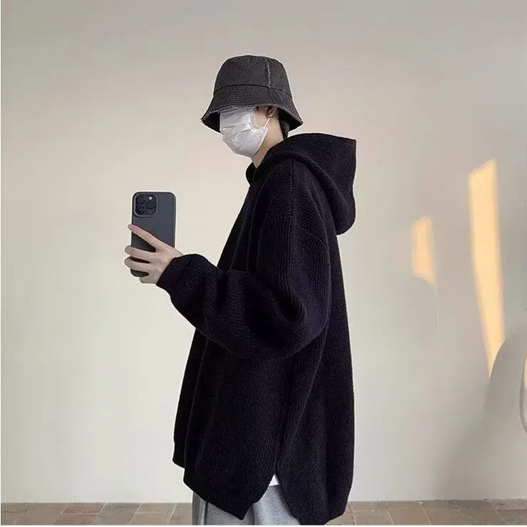 Men's loose fit hooded sweater in gray with long sleeves, shown as a front view pullover knitwear coat