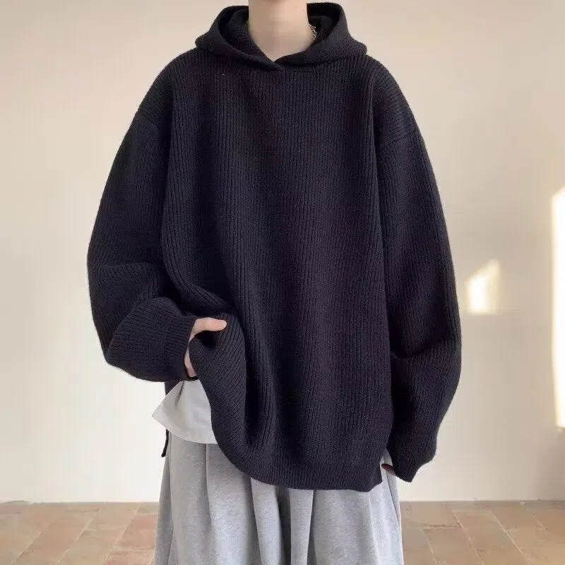 Men's loose fit hooded sweater in gray with long sleeves, shown as a front view pullover knitwear coat