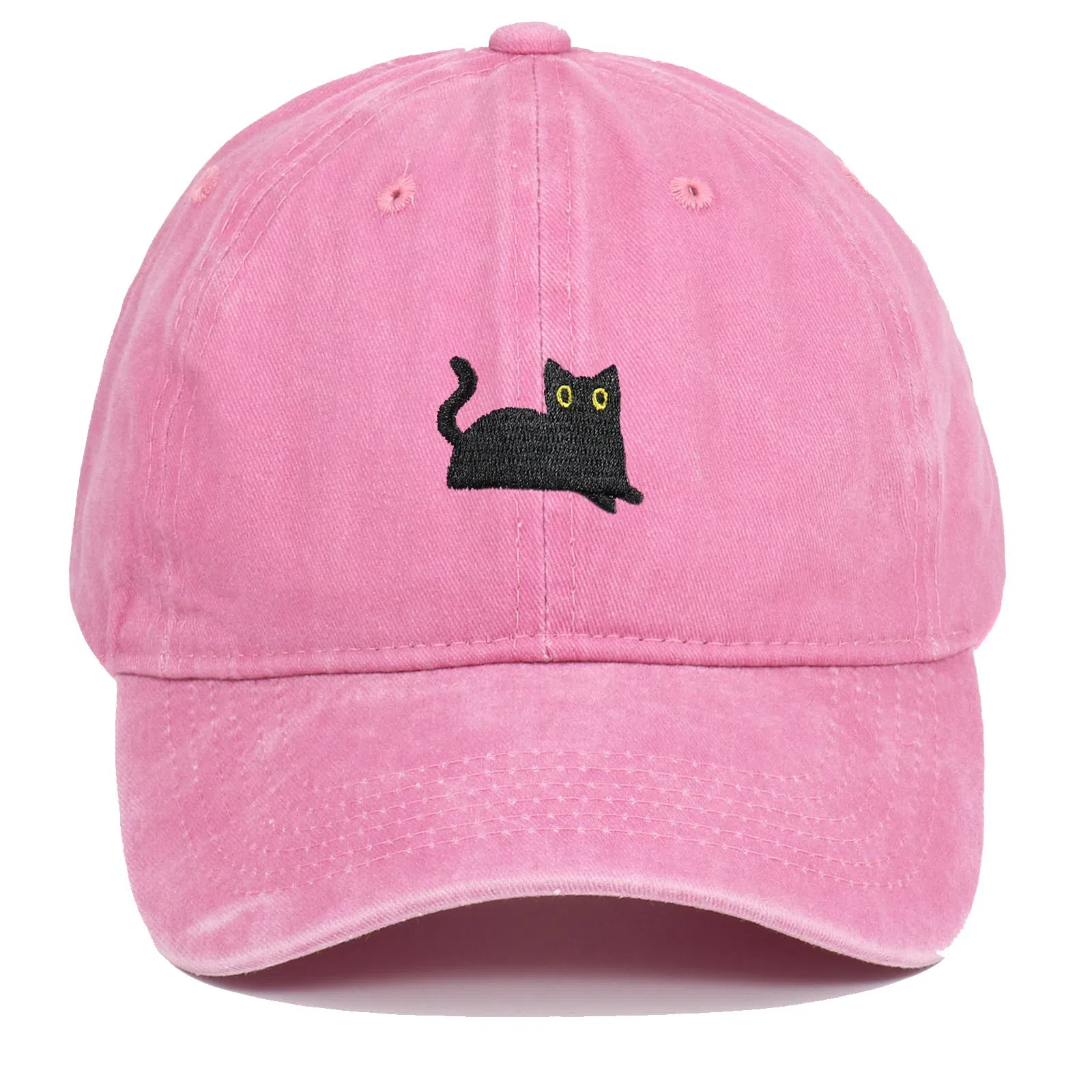 Black cat embroidered washed baseball cap in black, cotton fabric, adjustable size, dome crown style