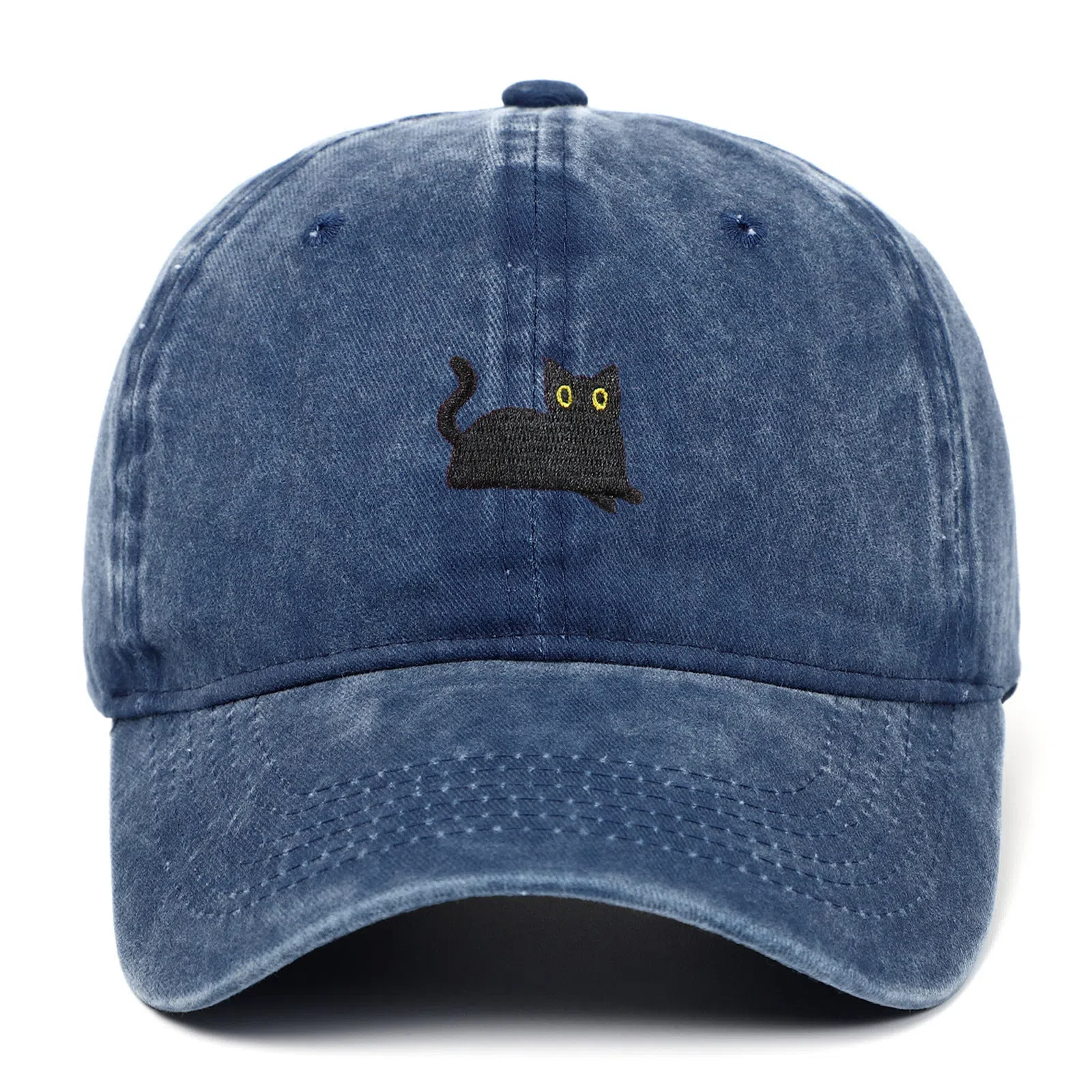 Black cat embroidered washed baseball cap in black, cotton fabric, adjustable size, dome crown style