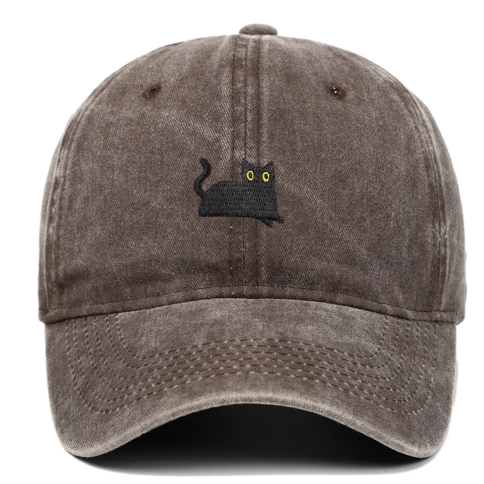 Black cat embroidered washed baseball cap in black, cotton fabric, adjustable size, dome crown style