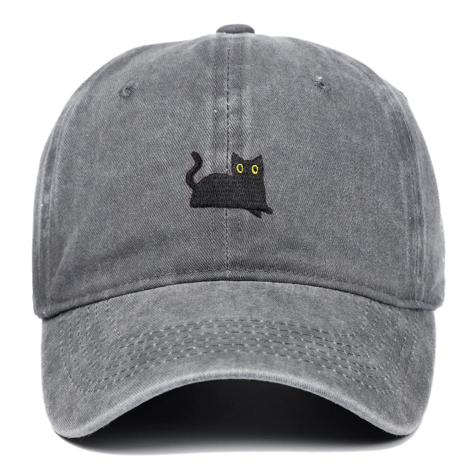 Black cat embroidered washed baseball cap in black, cotton fabric, adjustable size, dome crown style
