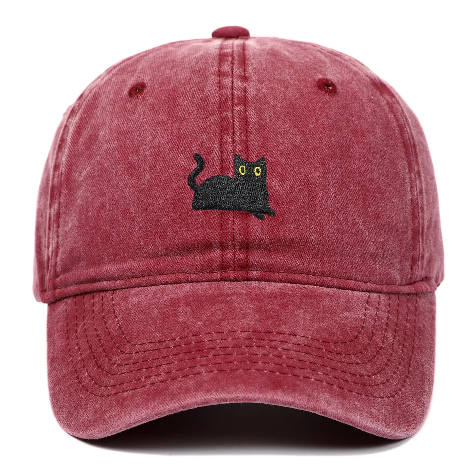 Black cat embroidered washed baseball cap in black, cotton fabric, adjustable size, dome crown style