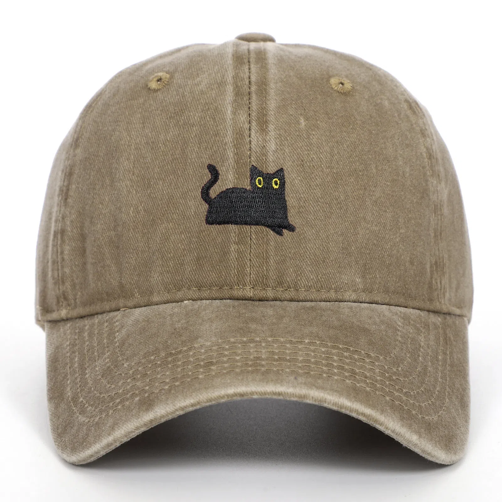 Black cat embroidered washed baseball cap in black, cotton fabric, adjustable size, dome crown style