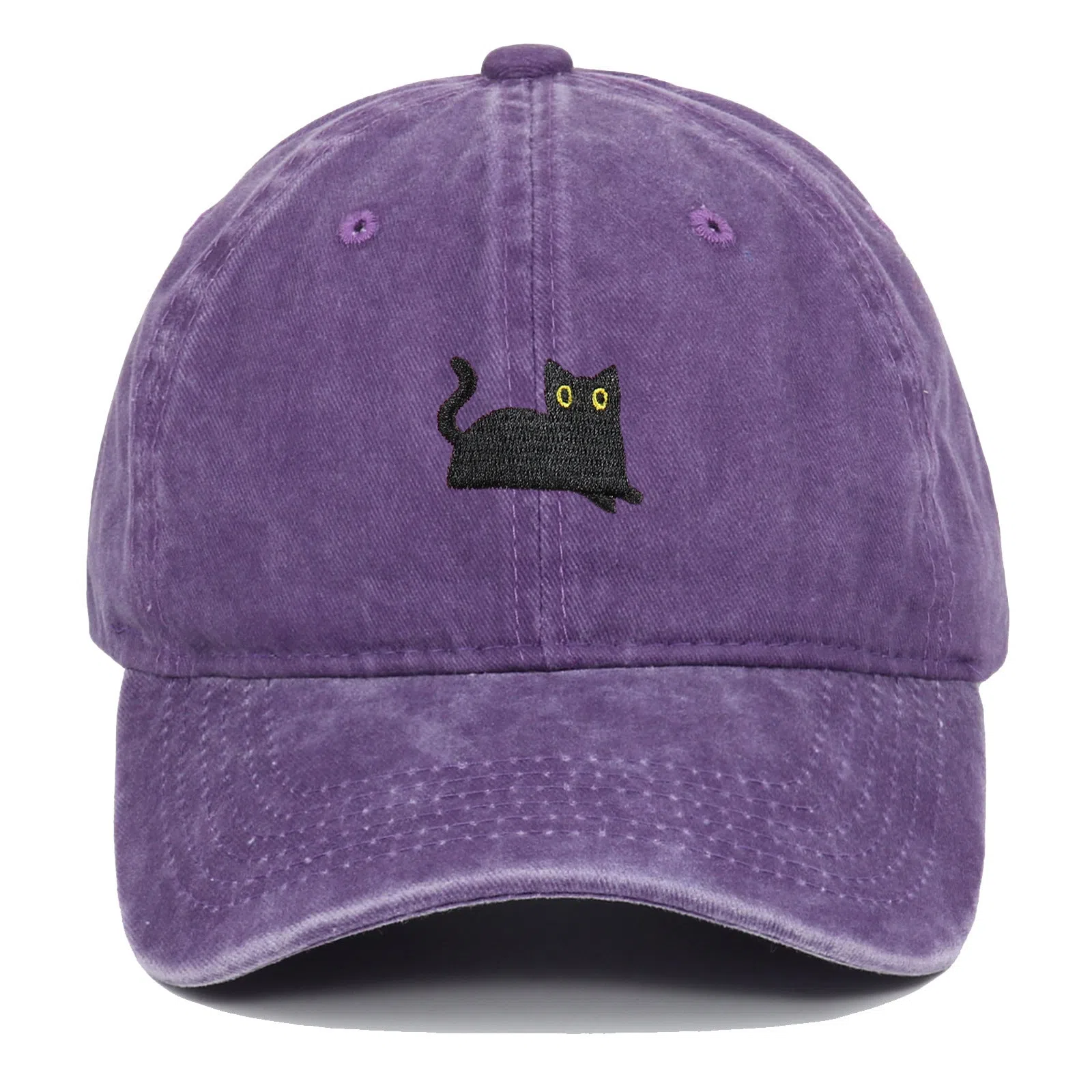 Black cat embroidered washed baseball cap in black, cotton fabric, adjustable size, dome crown style