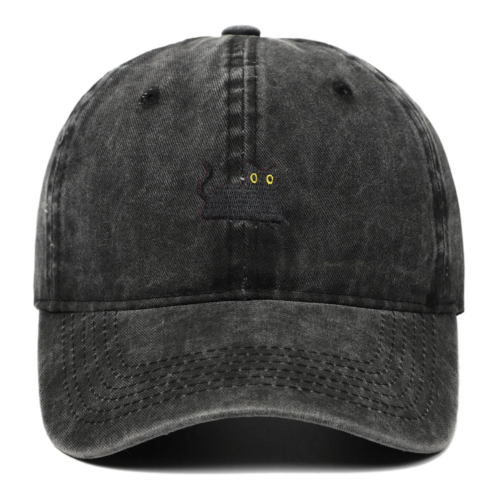 Black cat embroidered washed baseball cap in black, cotton fabric, adjustable size, dome crown style