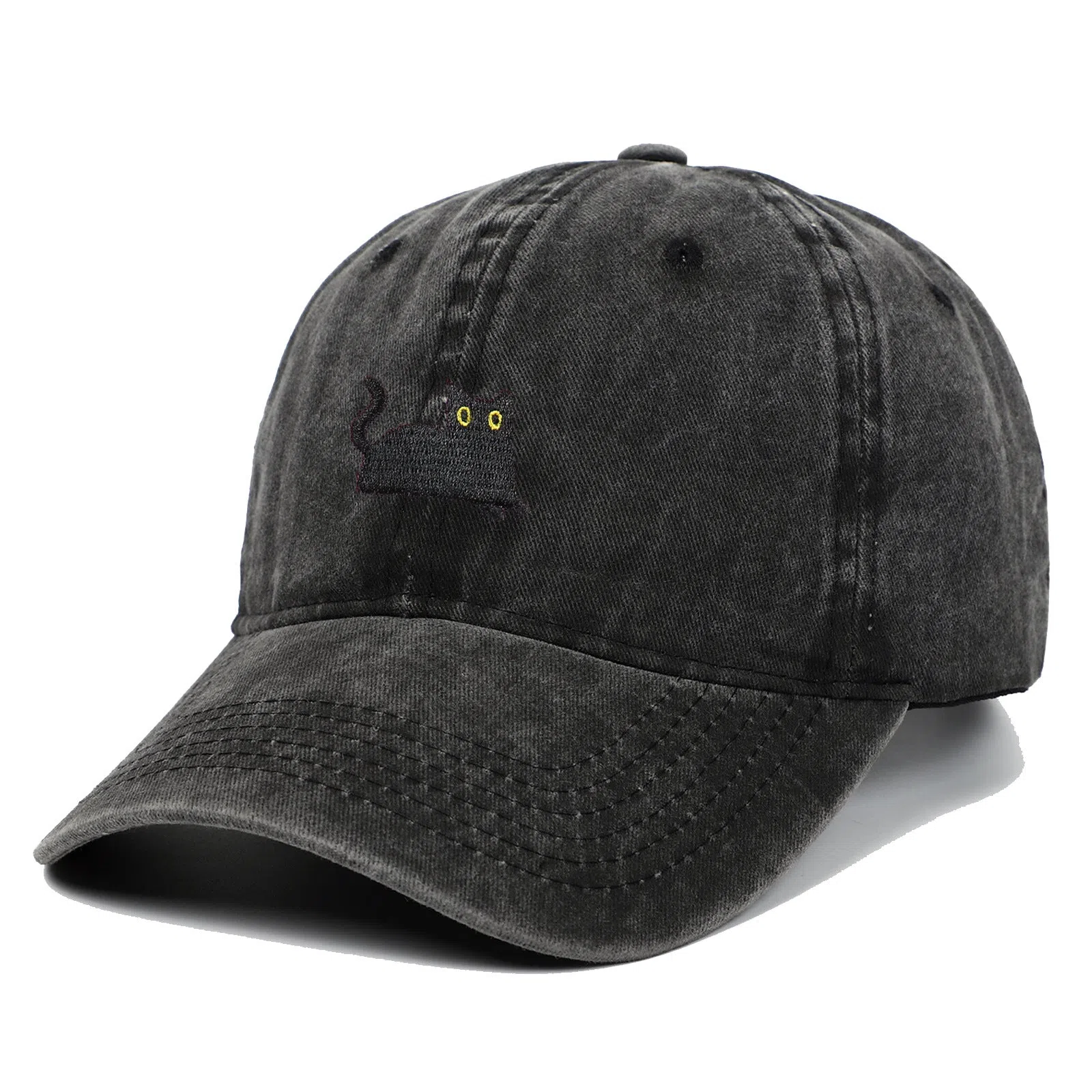 Black cat embroidered washed baseball cap in black, cotton fabric, adjustable size, dome crown style