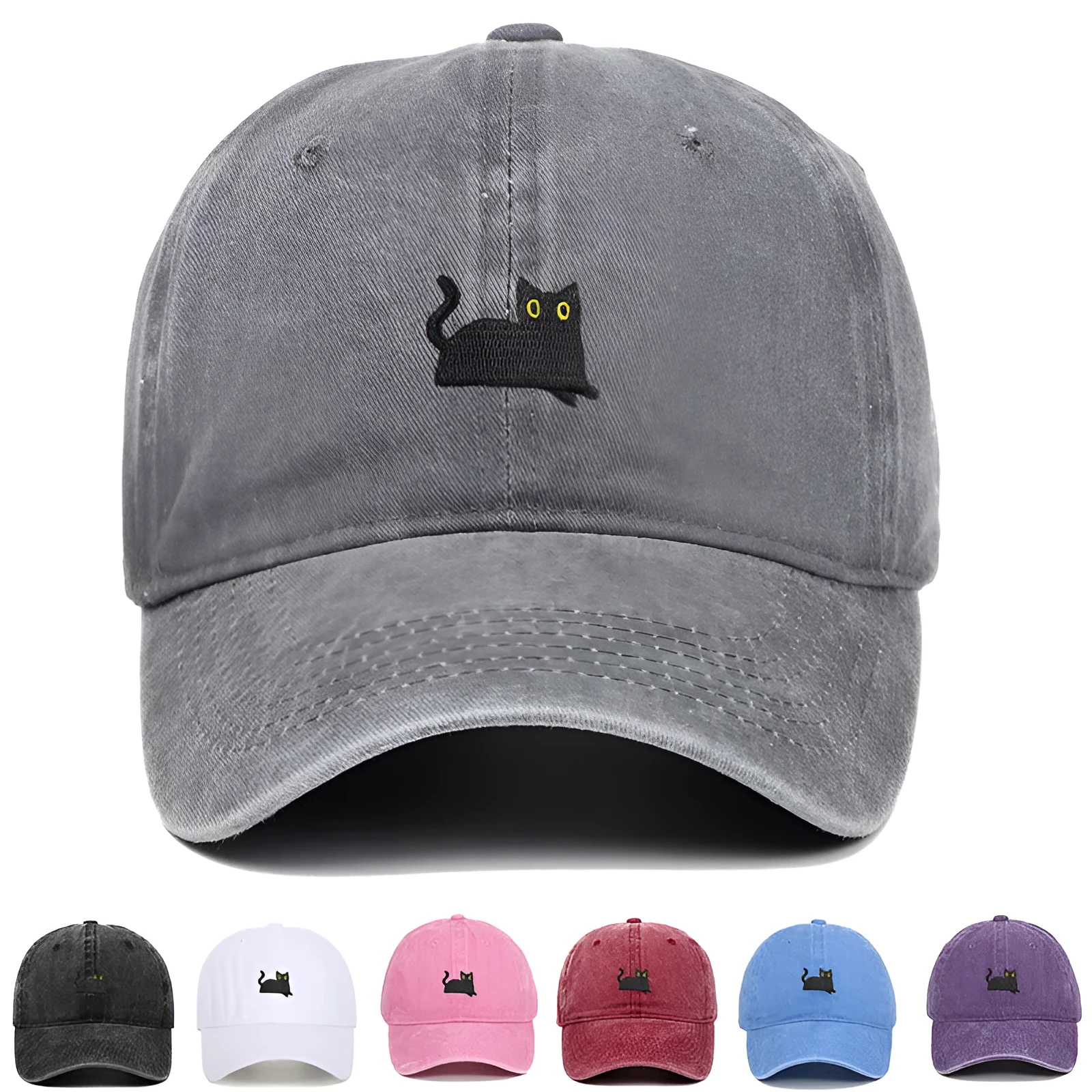 Black cat embroidered washed baseball cap in black, cotton fabric, adjustable size, dome crown style