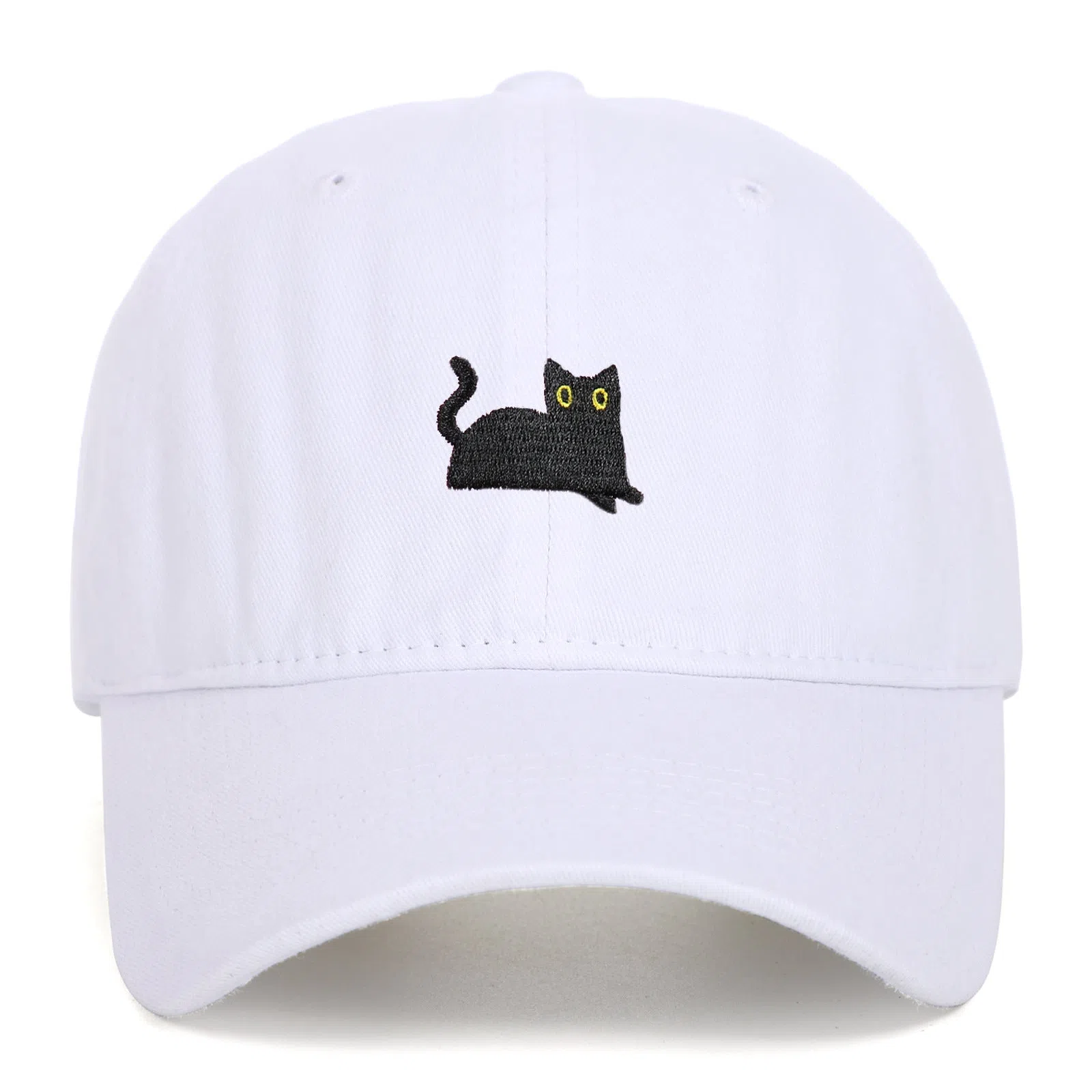Black cat embroidered washed baseball cap in black, cotton fabric, adjustable size, dome crown style