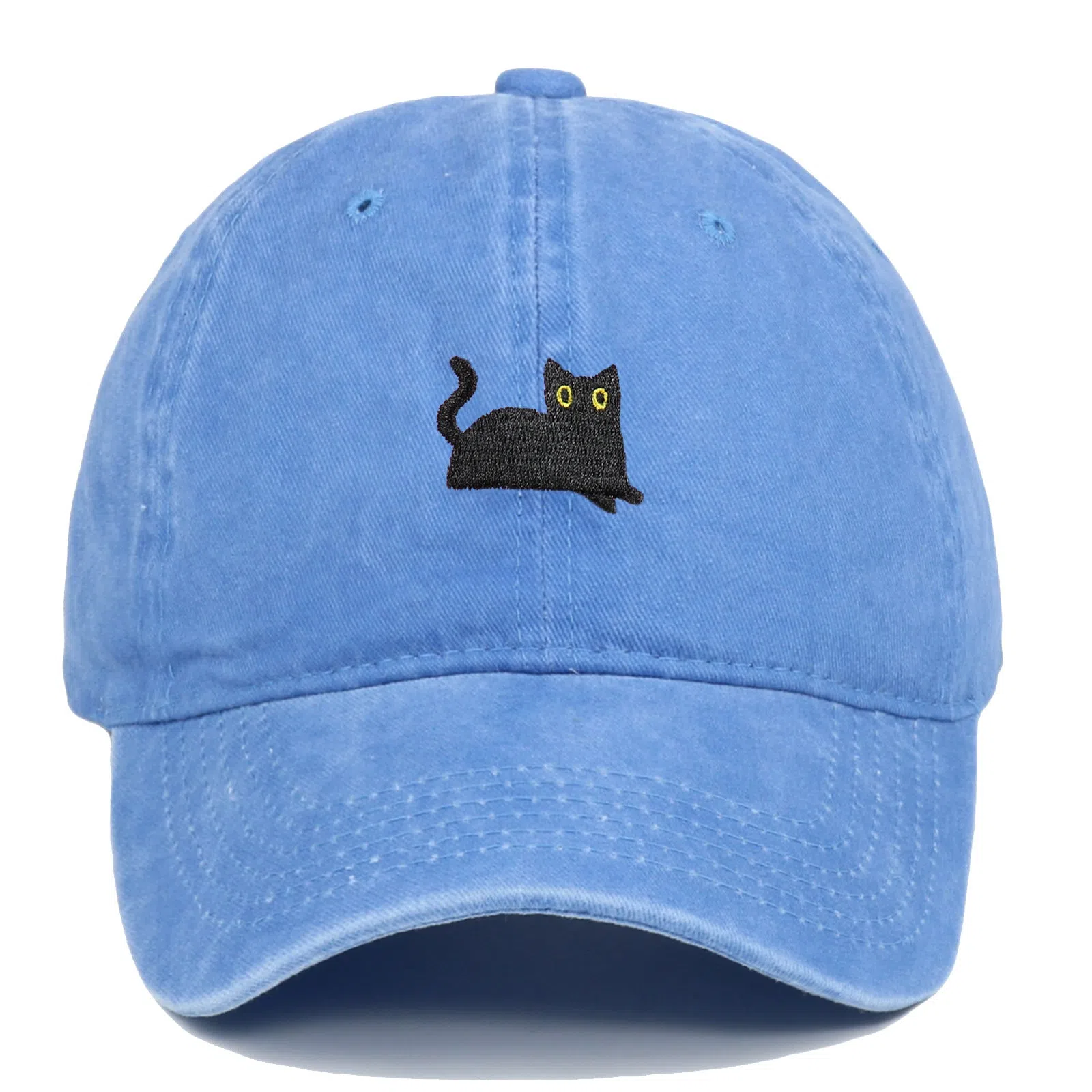 Black cat embroidered washed baseball cap in black, cotton fabric, adjustable size, dome crown style