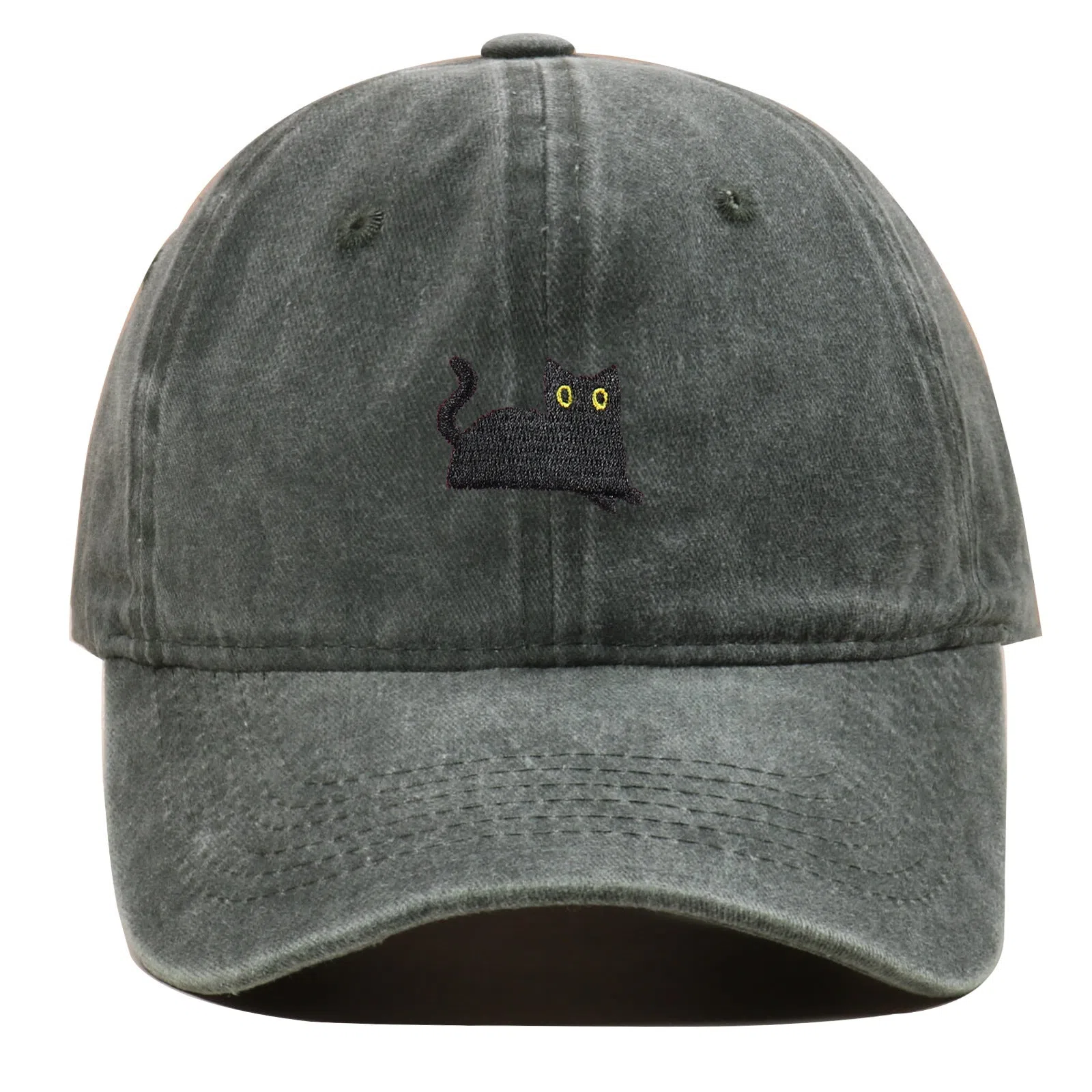 Black cat embroidered washed baseball cap in black, cotton fabric, adjustable size, dome crown style