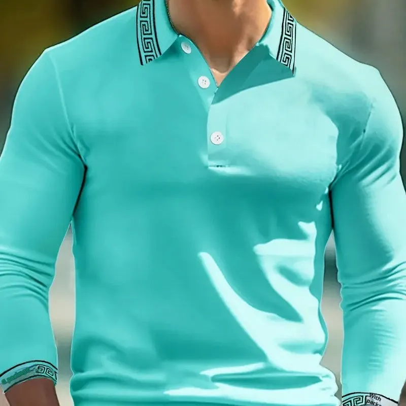 Men's loose fit long sleeve polo shirt button-up top in chemical fibre blend fabric