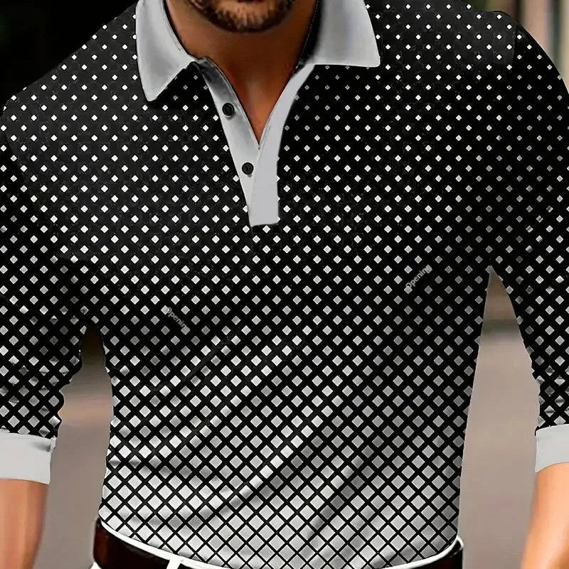 Men's loose fit long sleeve polo shirt button-up top in chemical fibre blend fabric