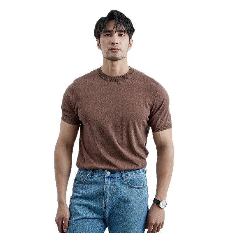 Men's knitted ice silk short-sleeve pullover in solid colour, slim fit, polyester, available in white black blue green rose red apricot