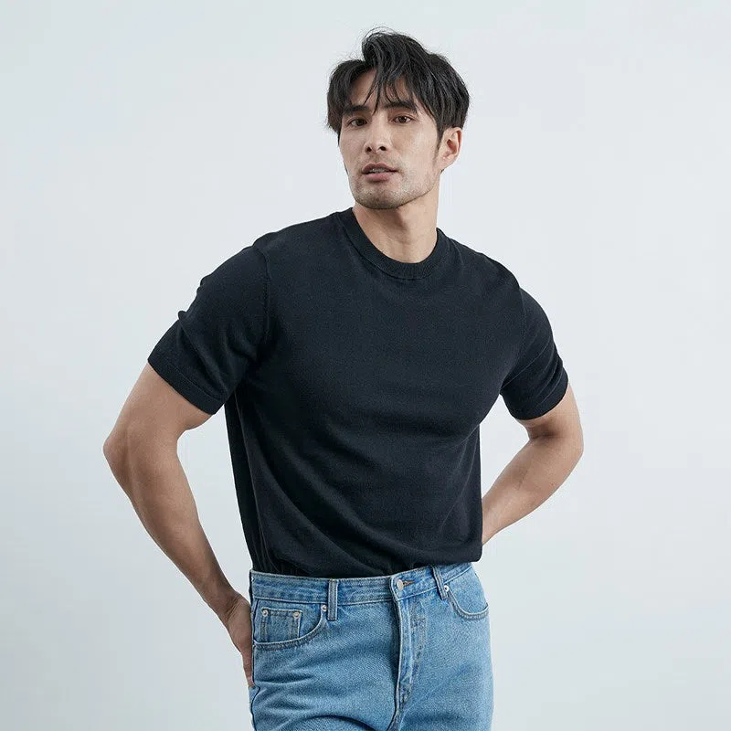 Men's knitted ice silk short-sleeve pullover in solid colour, slim fit, polyester, available in white black blue green rose red apricot