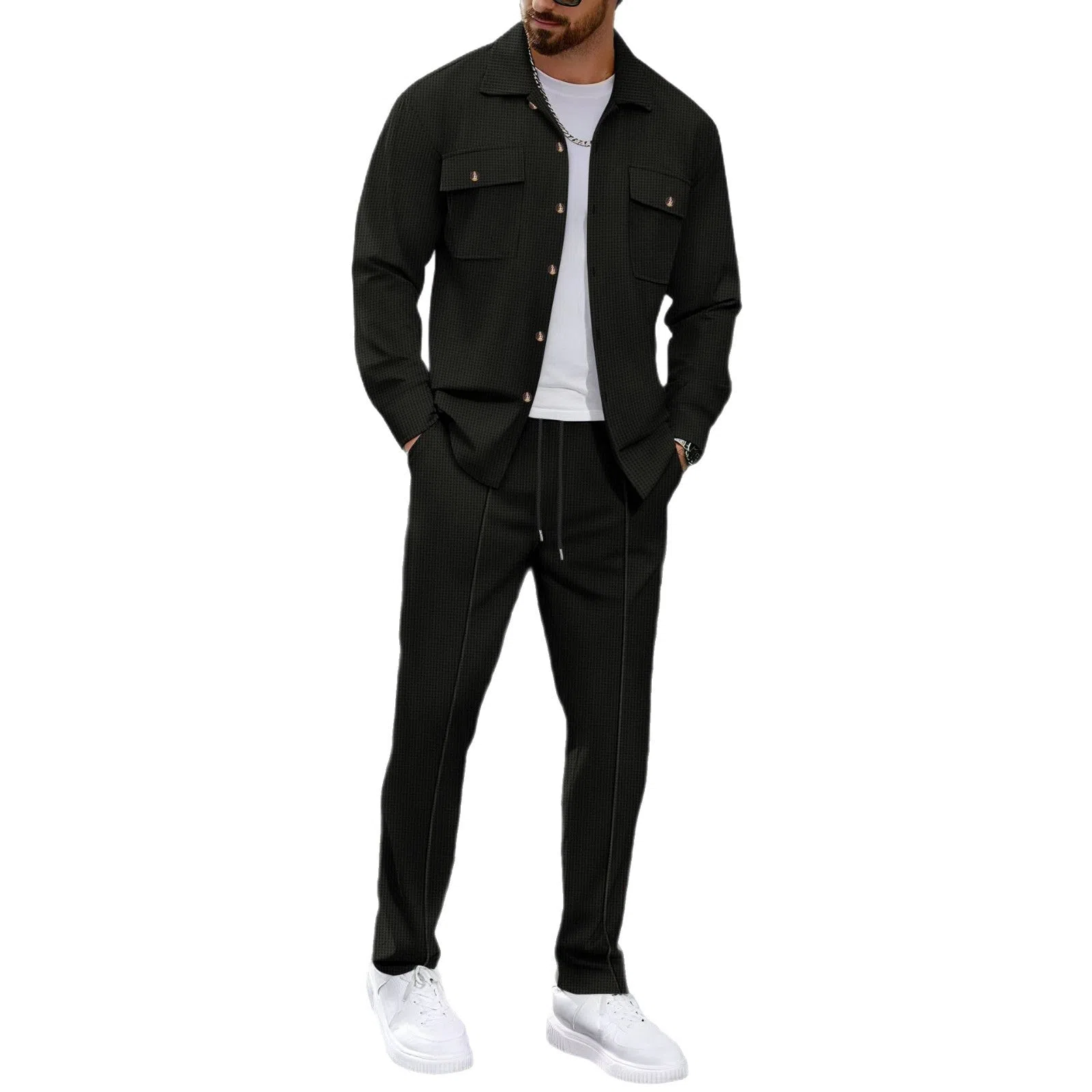 Waffle long-sleeved trousers two-piece set in black, casual summer leisure wear for women