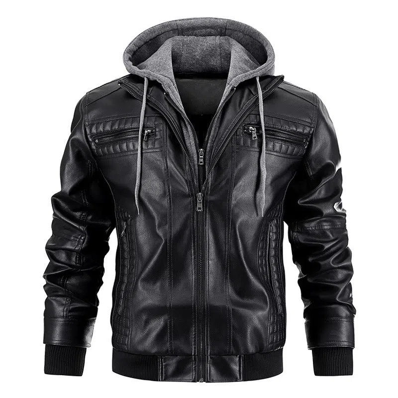 Men's black PU leather hooded jacket with zipper pockets, normal length 50cm, front view
