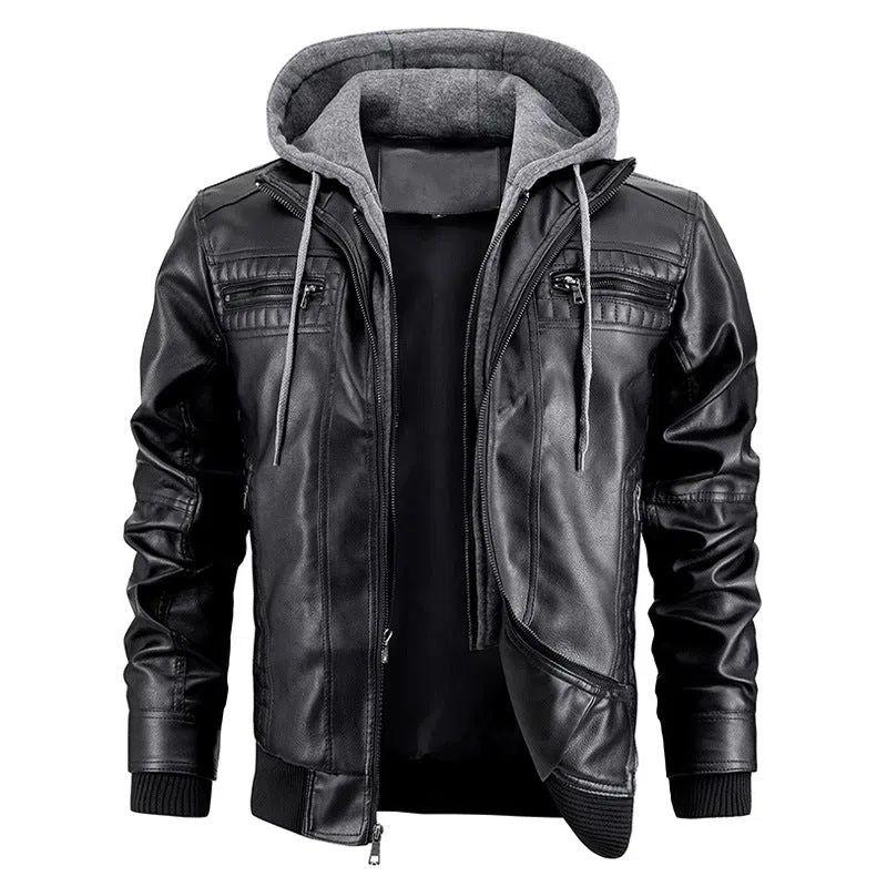 Men's black PU leather hooded jacket with zipper pockets, normal length 50cm, front view