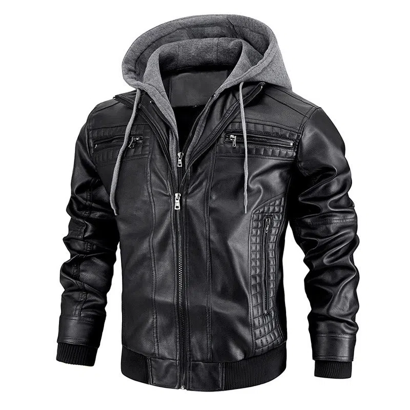 Men's black PU leather hooded jacket with zipper pockets, normal length 50cm, front view