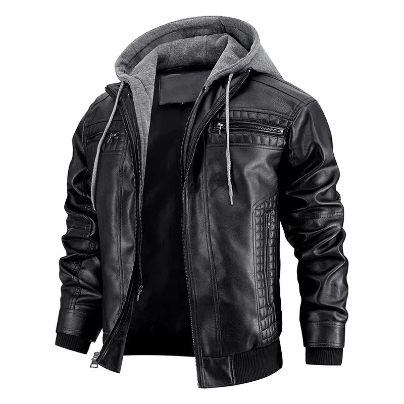 Men's black PU leather hooded jacket with zipper pockets, normal length 50cm, front view