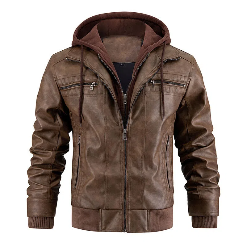 Men's black PU leather hooded jacket with zipper pockets, normal length 50cm, front view
