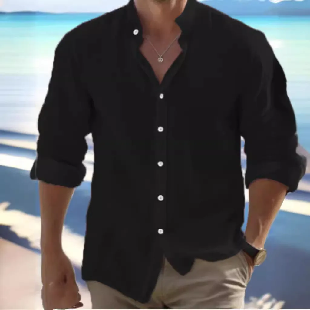 Men's long-staple cotton button summer beach shirt in light blue, showing pullover style and casual stitching detail.