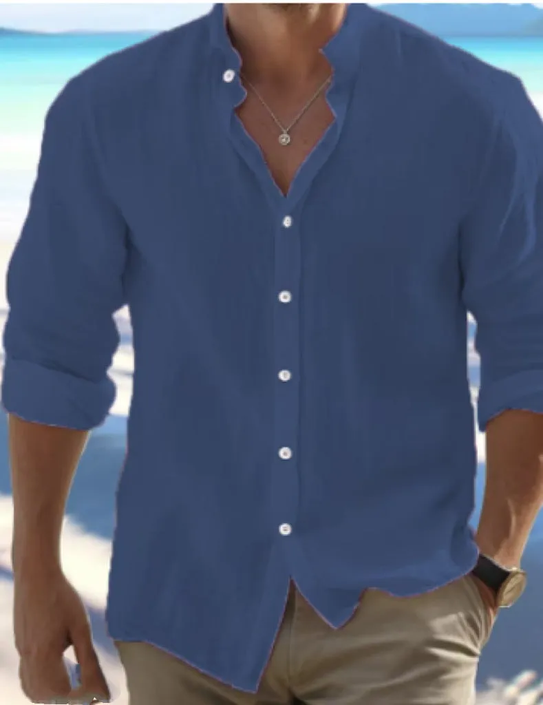 Men's long-staple cotton button summer beach shirt in light blue, showing pullover style and casual stitching detail.