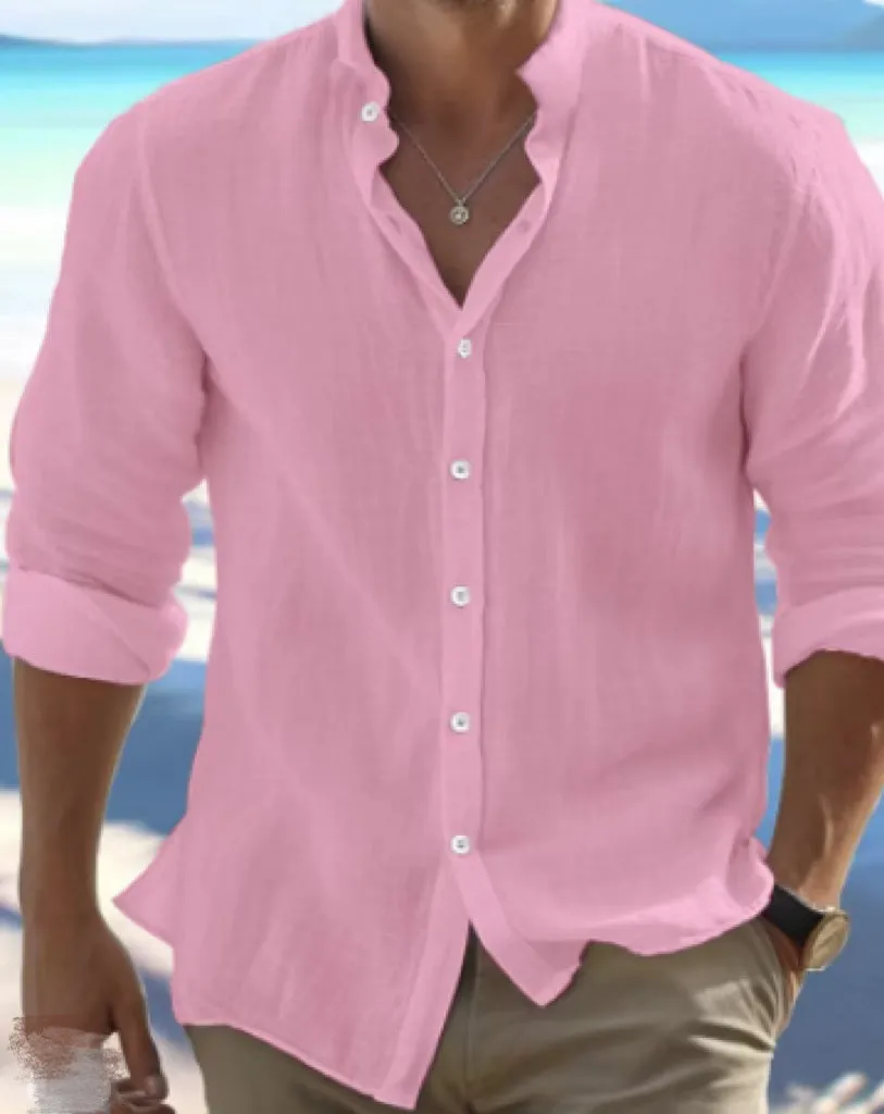 Men's long-staple cotton button summer beach shirt in light blue, showing pullover style and casual stitching detail.