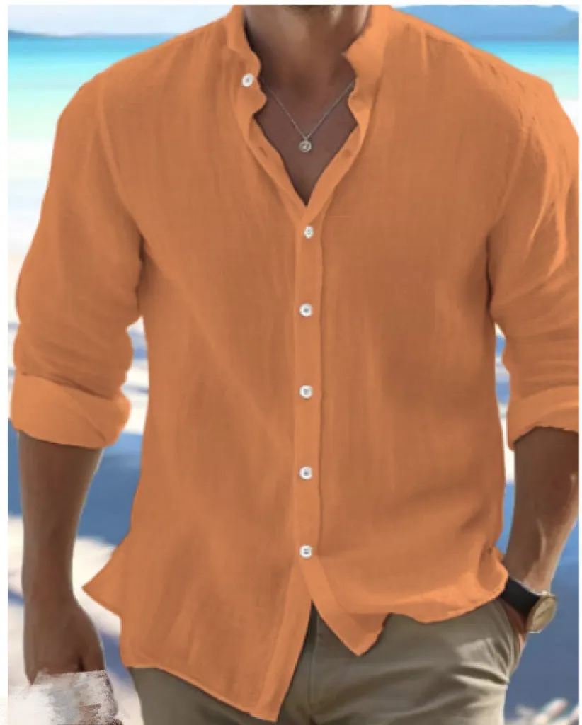 Men's long-staple cotton button summer beach shirt in light blue, showing pullover style and casual stitching detail.