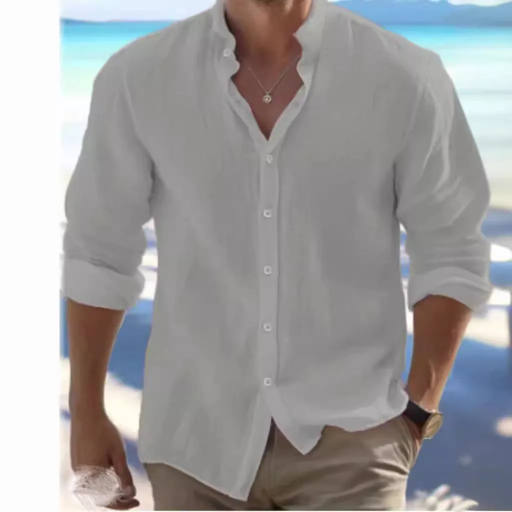 Men's long-staple cotton button summer beach shirt in light blue, showing pullover style and casual stitching detail.