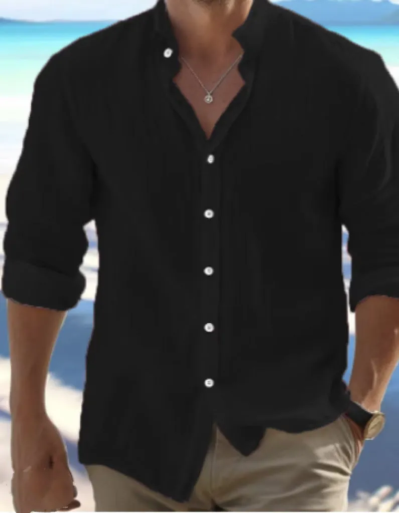 Men's long-staple cotton button summer beach shirt in light blue, showing pullover style and casual stitching detail.