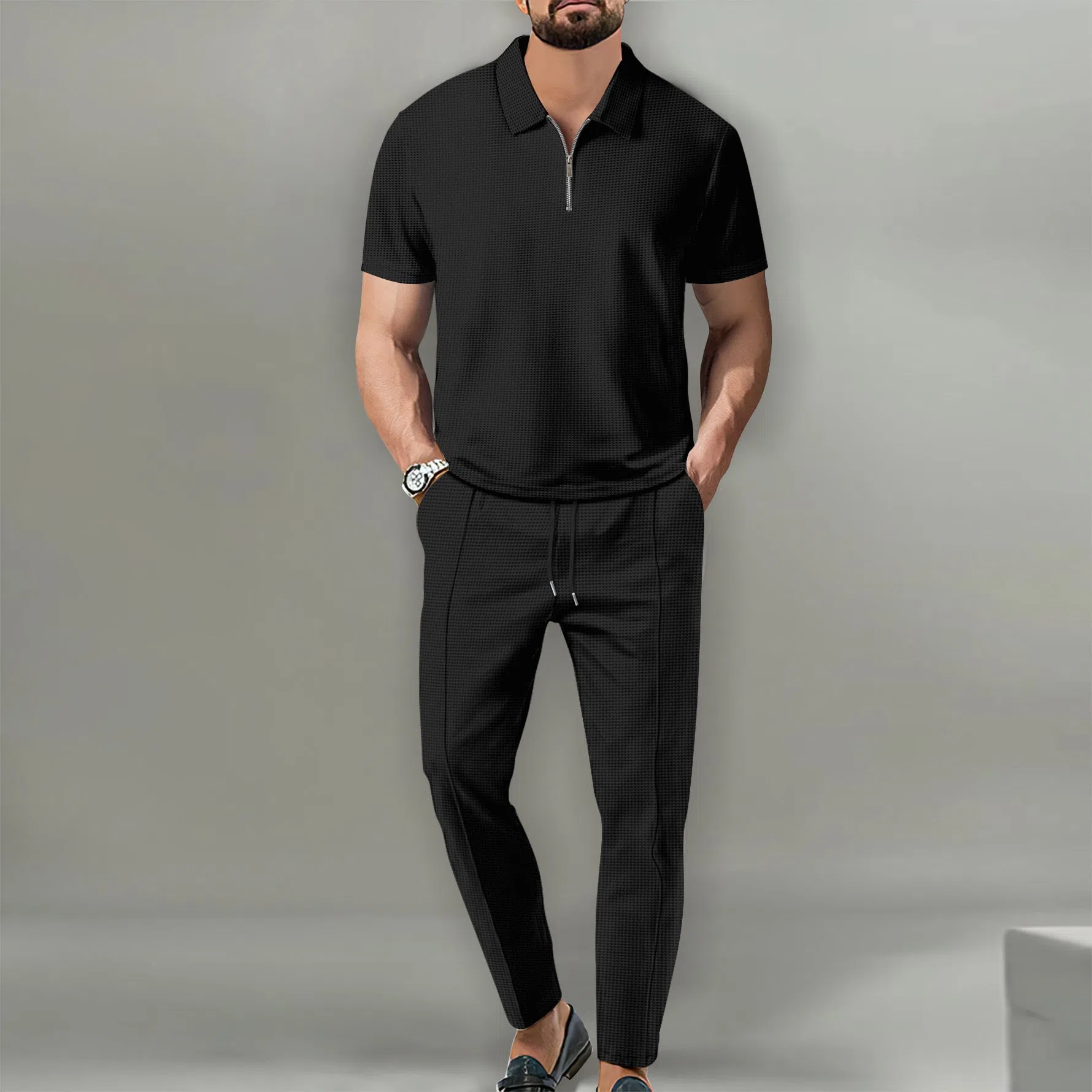 Men's solid colour waffle lapel suit set with short-sleeve top and trousers in khaki