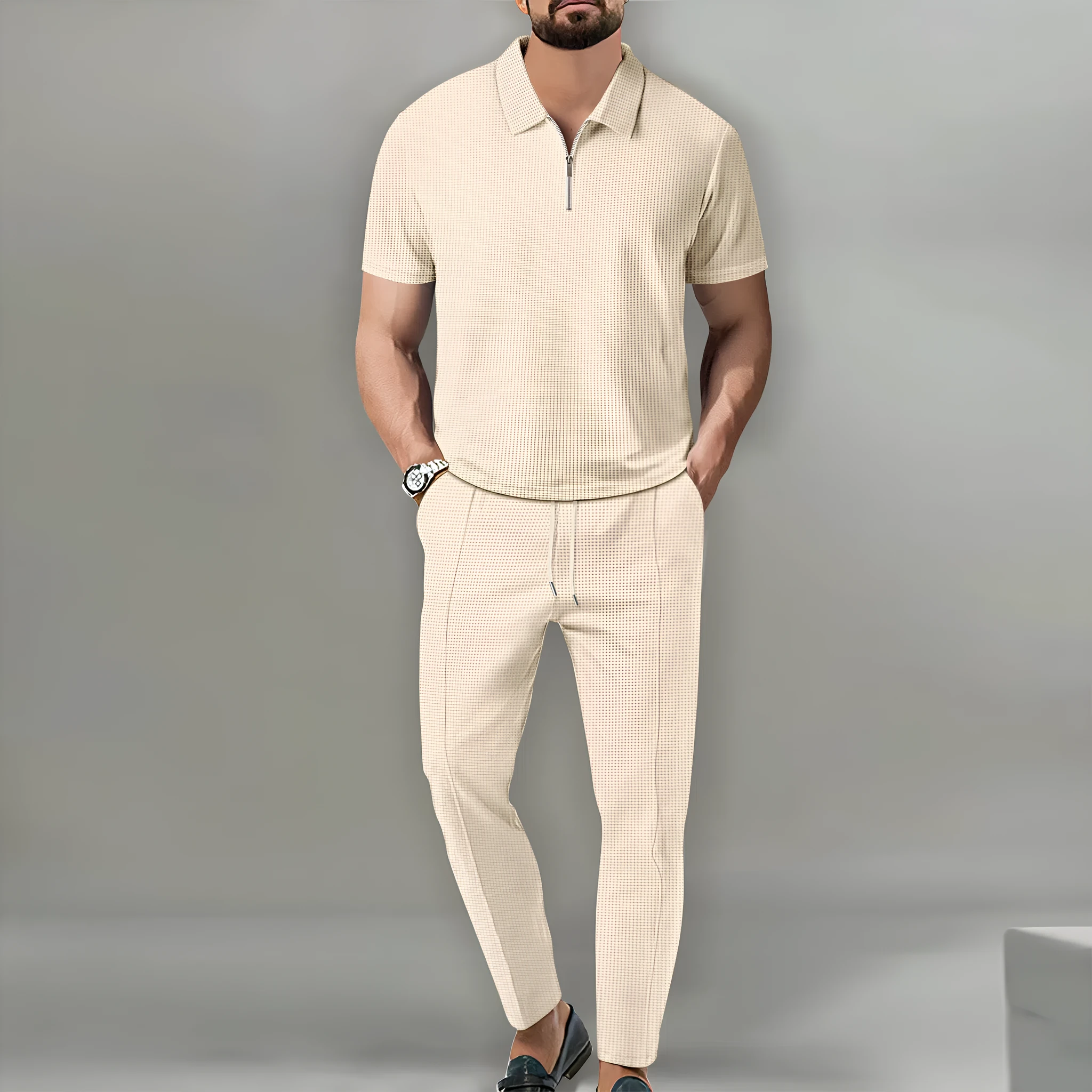Men's solid colour waffle lapel suit set with short-sleeve top and trousers in khaki