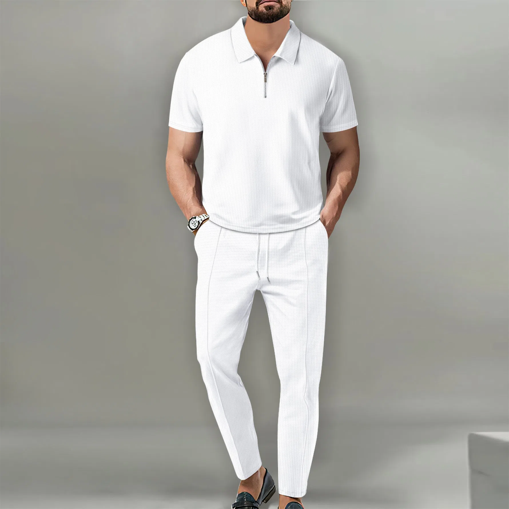 Men's solid colour waffle lapel suit set with short-sleeve top and trousers in khaki