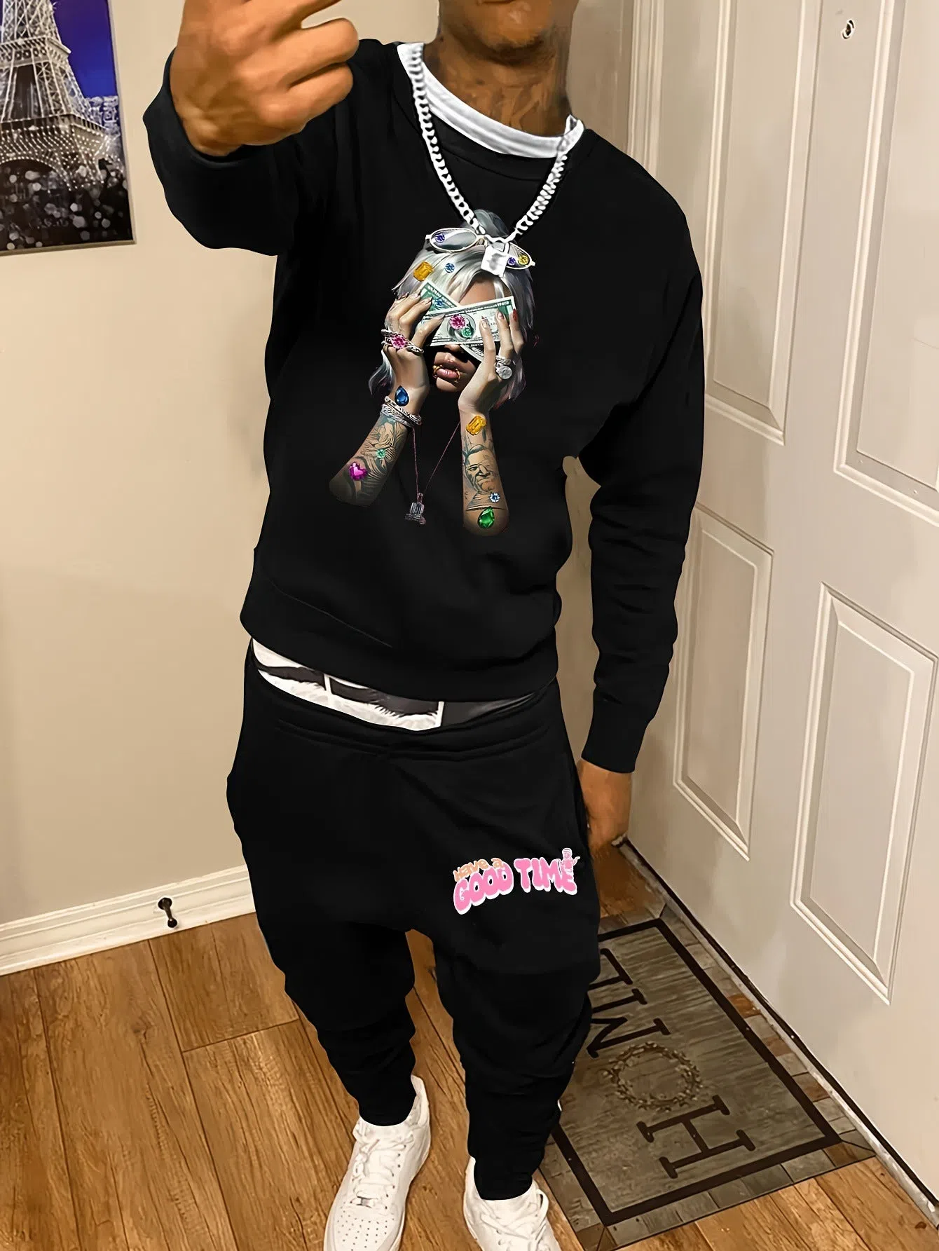 Men's casual polyester tracksuit set with round neck sweater and sport pants, available in various colours and sizes S to 6XL