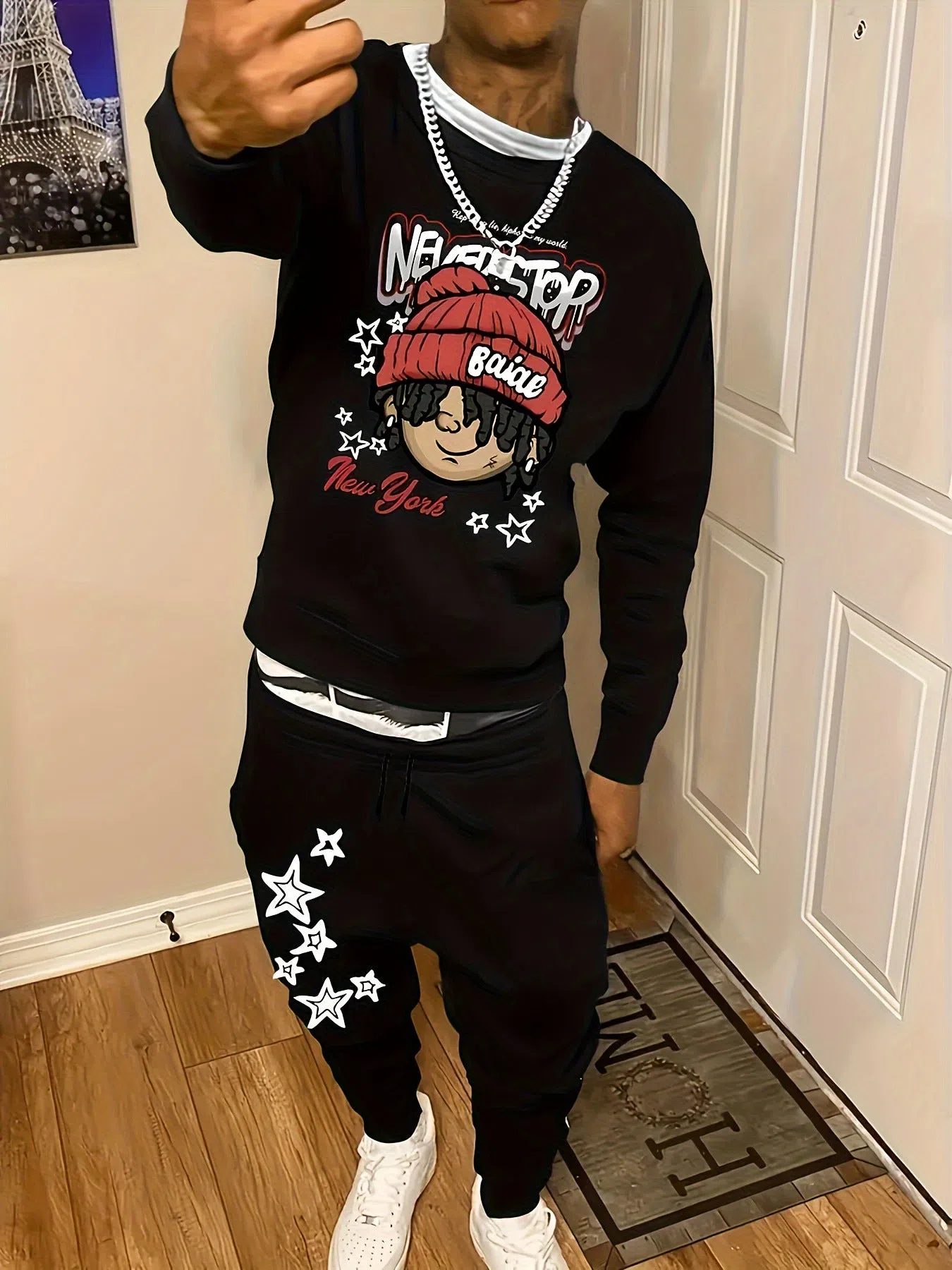 Men's casual polyester tracksuit set with round neck sweater and sport pants, available in various colours and sizes S to 6XL