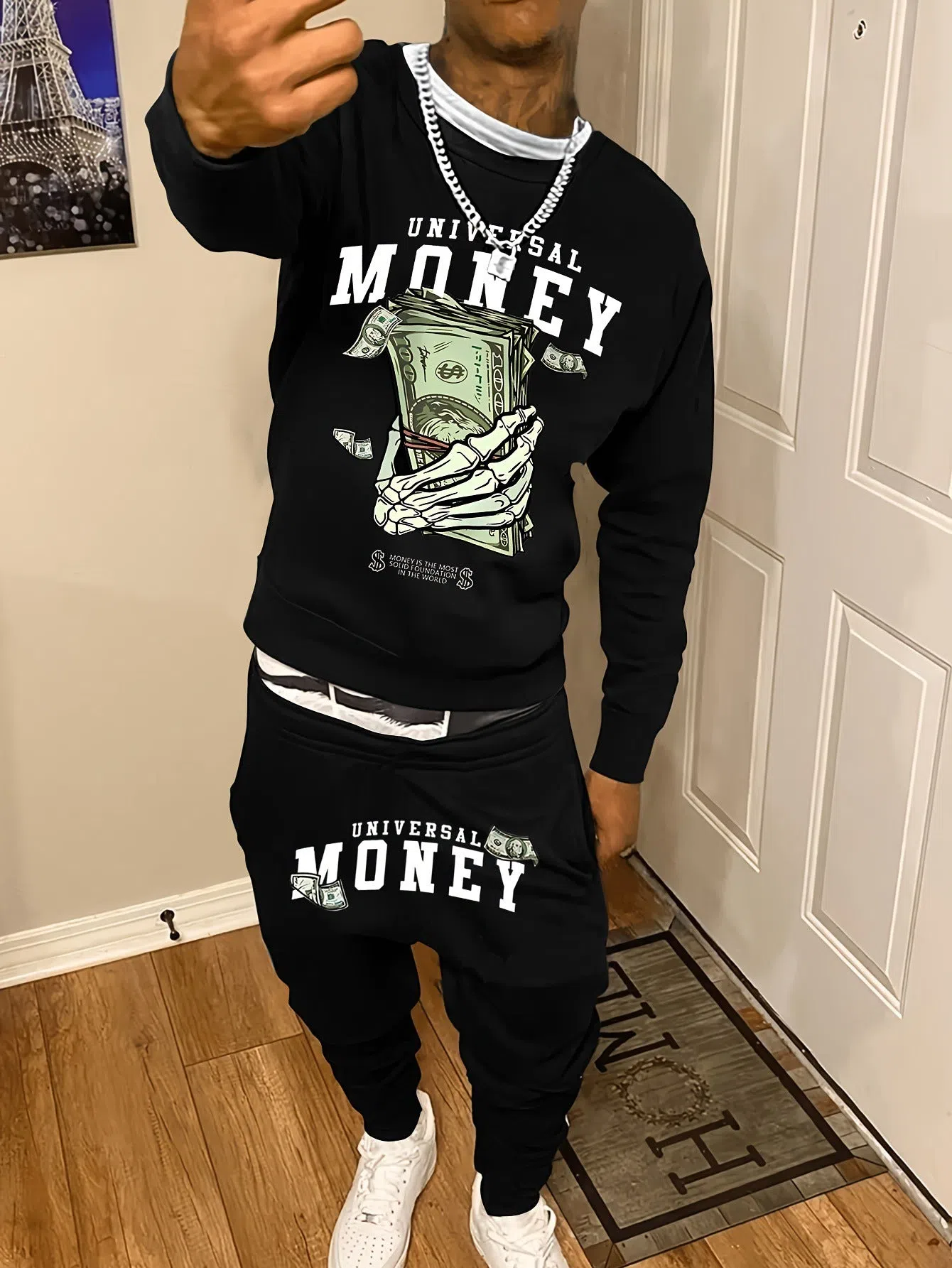 Men's casual polyester tracksuit set with round neck sweater and sport pants, available in various colours and sizes S to 6XL