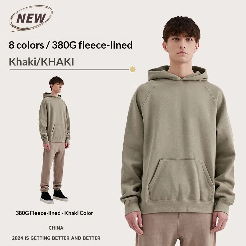 Blank heavyweight cotton raglan hoodie in Charcoal Gray with 3D patch pocket, loose fit pullover style