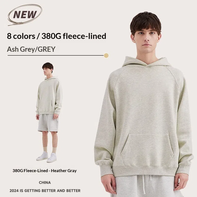 Blank heavyweight cotton raglan hoodie in Charcoal Gray with 3D patch pocket, loose fit pullover style