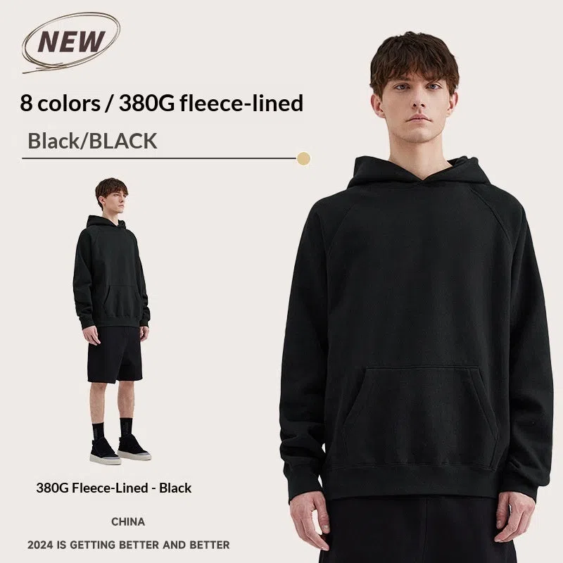 Blank heavyweight cotton raglan hoodie in Charcoal Gray with 3D patch pocket, loose fit pullover style