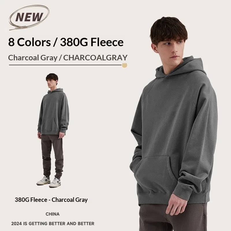 Blank heavyweight cotton raglan hoodie in Charcoal Gray with 3D patch pocket, loose fit pullover style