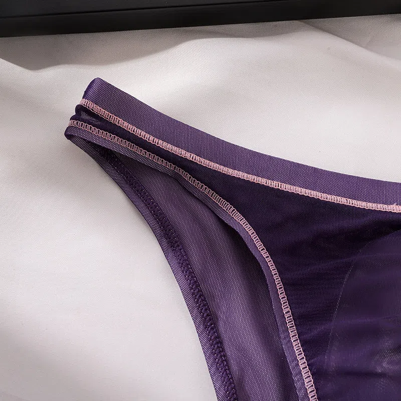 Transparent men's triangle underwear in white, seamless stretch knit nylon fabric, solid colour pattern