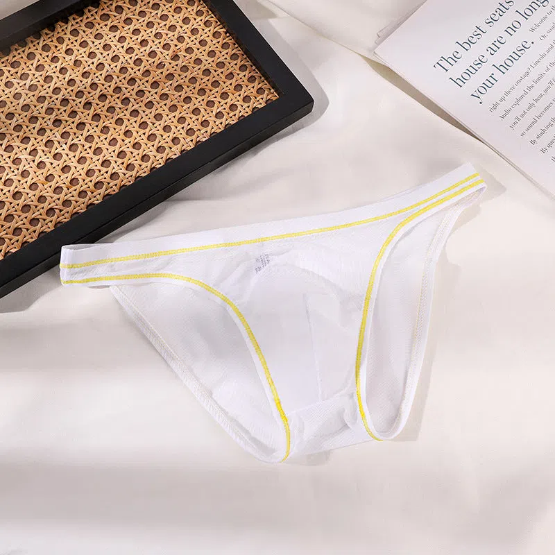 Transparent men's triangle underwear in white, seamless stretch knit nylon fabric, solid colour pattern