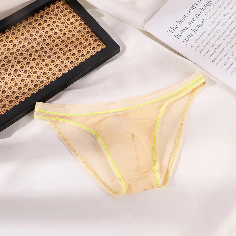 Transparent men's triangle underwear in white, seamless stretch knit nylon fabric, solid colour pattern