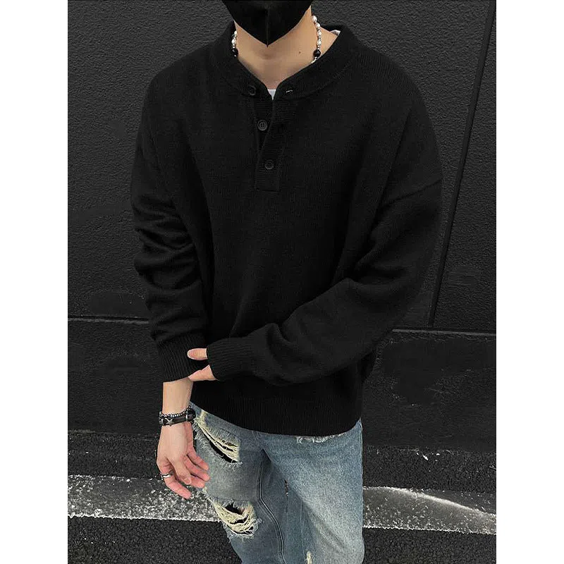 Men's loose Hong Kong style long sleeve polyester knit sweater in black, front view on model